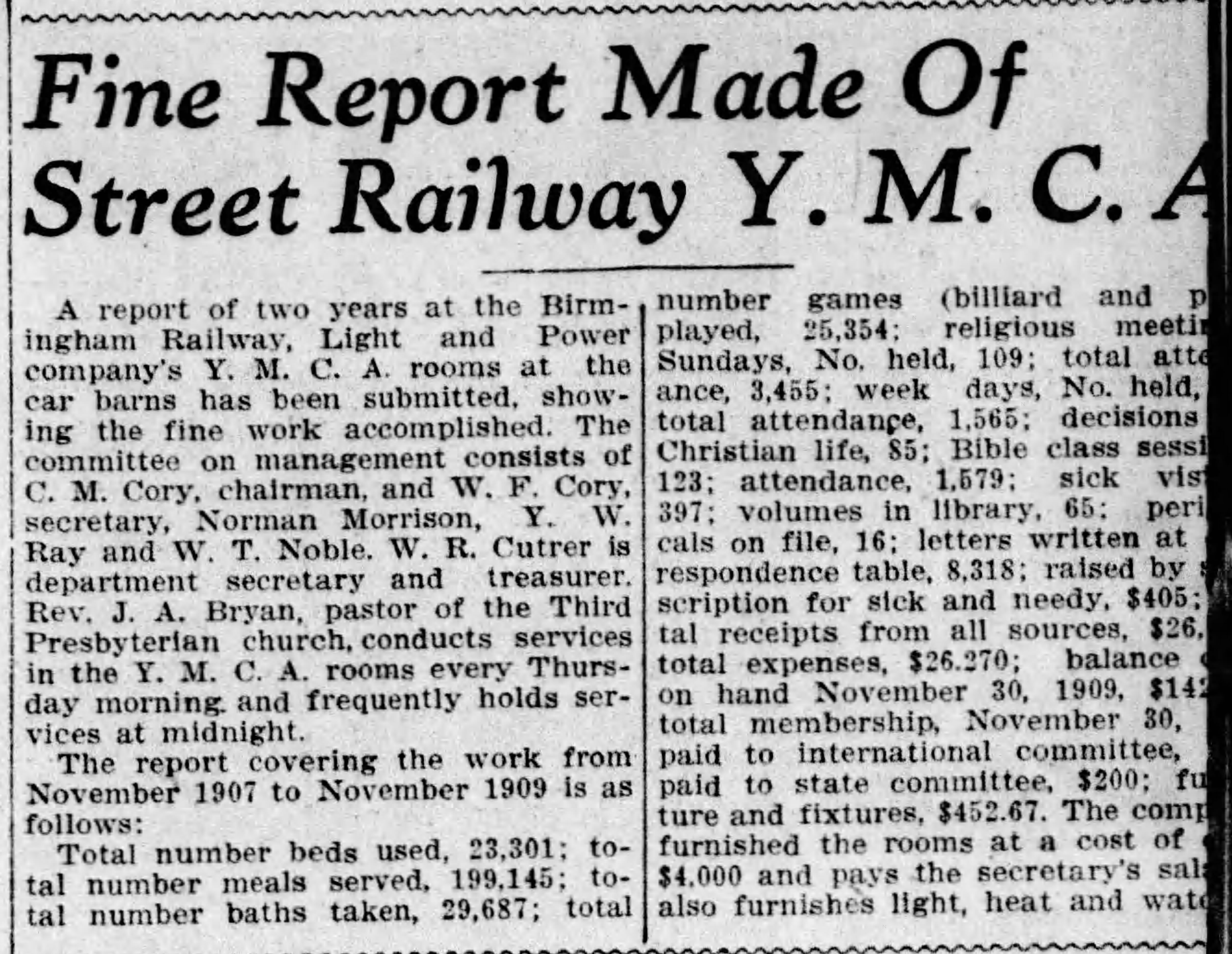 Fine Report Made of Street Railway Y.M.C.A.